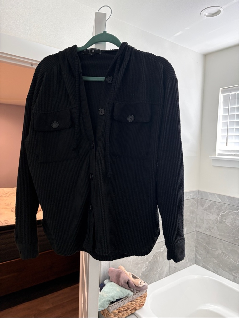 Vibe Black Ribbed Hooded Shirt-Jacket with Flap Pockets